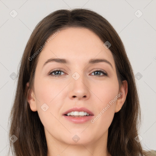 Neutral white young-adult female with long  brown hair and brown eyes