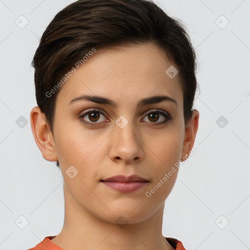 Joyful white young-adult female with short  brown hair and brown eyes