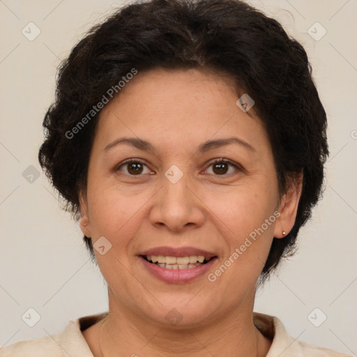 Joyful white adult female with short  brown hair and brown eyes