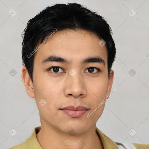 Neutral asian young-adult male with short  black hair and brown eyes