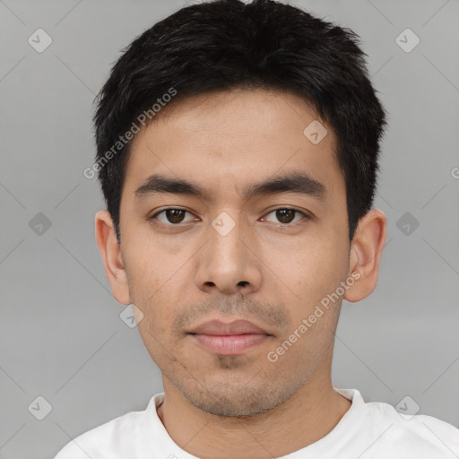 Neutral asian young-adult male with short  black hair and brown eyes