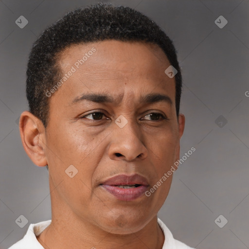 Joyful black adult male with short  brown hair and brown eyes