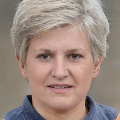 Joyful white adult female with short  brown hair and grey eyes