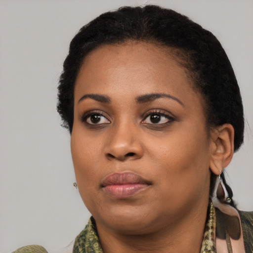 Joyful black young-adult female with short  black hair and brown eyes