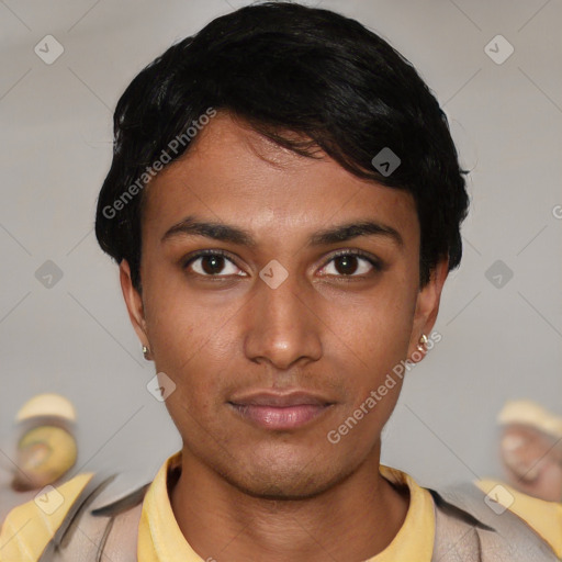 Neutral latino young-adult male with short  black hair and brown eyes