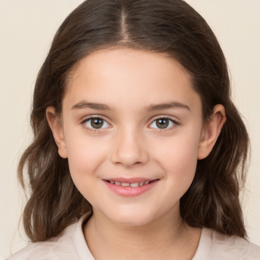 Joyful white child female with medium  brown hair and brown eyes