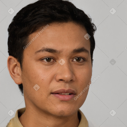 Neutral white young-adult male with short  brown hair and brown eyes