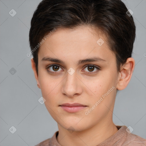 Neutral white young-adult female with short  brown hair and brown eyes