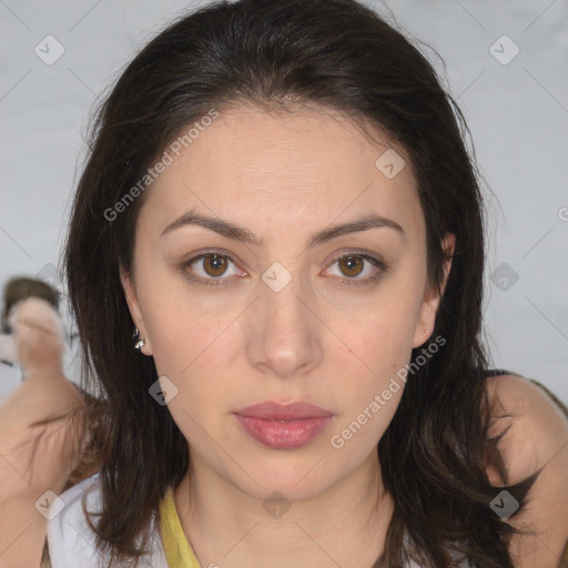 Neutral white young-adult female with medium  brown hair and brown eyes