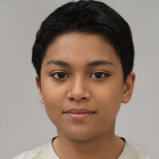 Neutral latino child female with short  black hair and brown eyes