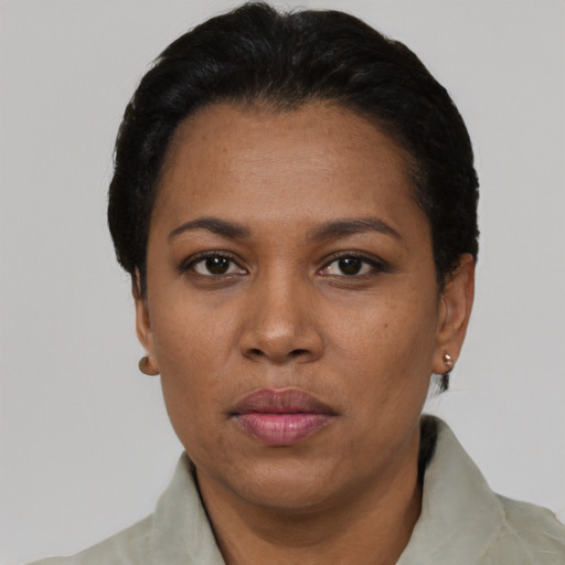 Neutral black adult female with short  black hair and brown eyes