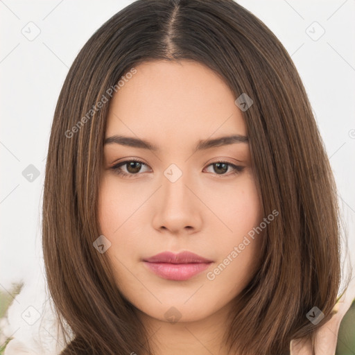 Neutral white young-adult female with long  brown hair and brown eyes