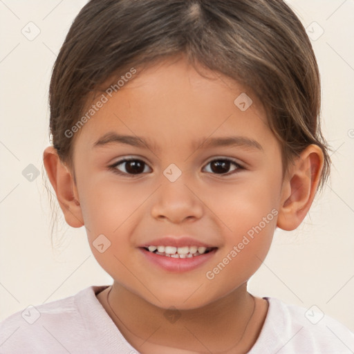 Joyful white child female with short  brown hair and brown eyes