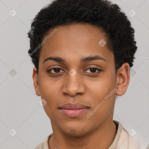 Joyful latino young-adult female with short  black hair and brown eyes