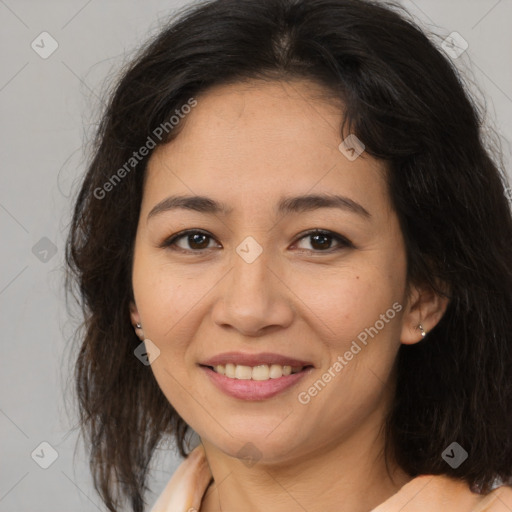 Joyful latino young-adult female with medium  brown hair and brown eyes