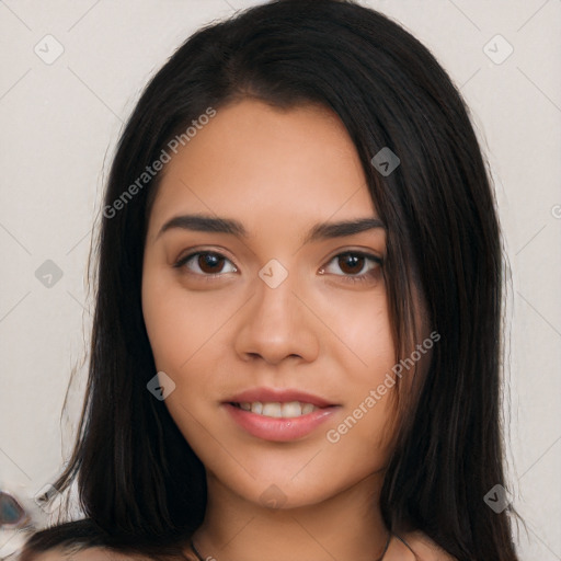 Neutral asian young-adult female with long  black hair and brown eyes