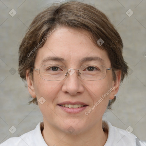 Joyful white adult female with medium  brown hair and green eyes