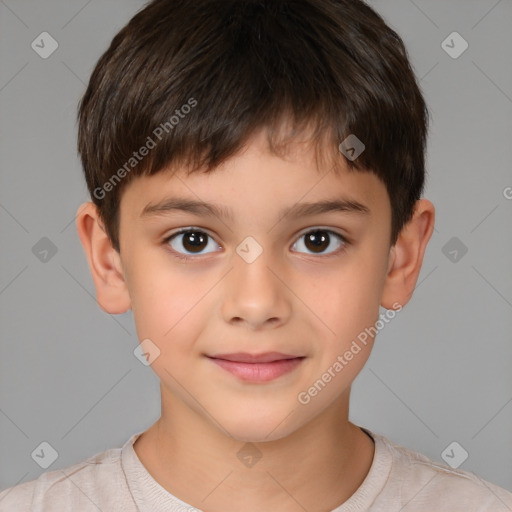 Joyful white child male with short  brown hair and brown eyes