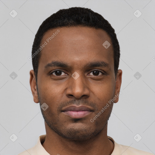 Neutral black young-adult male with short  black hair and brown eyes
