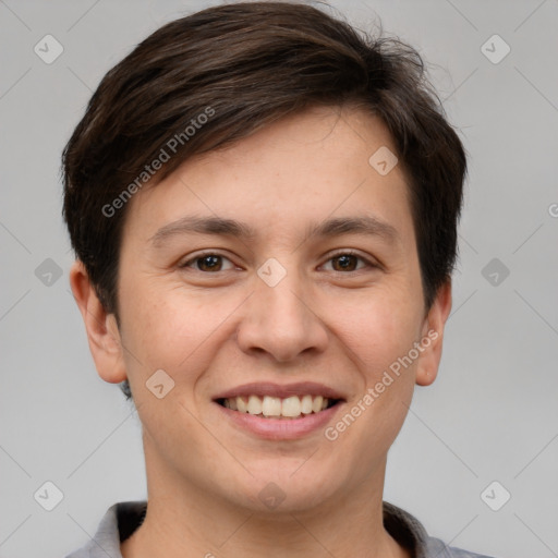 Joyful white young-adult female with short  brown hair and brown eyes