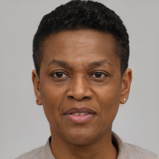 Joyful black adult male with short  black hair and brown eyes