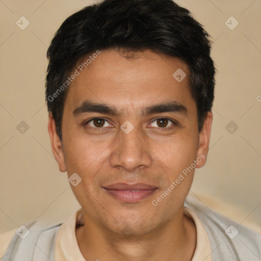 Joyful asian young-adult male with short  black hair and brown eyes