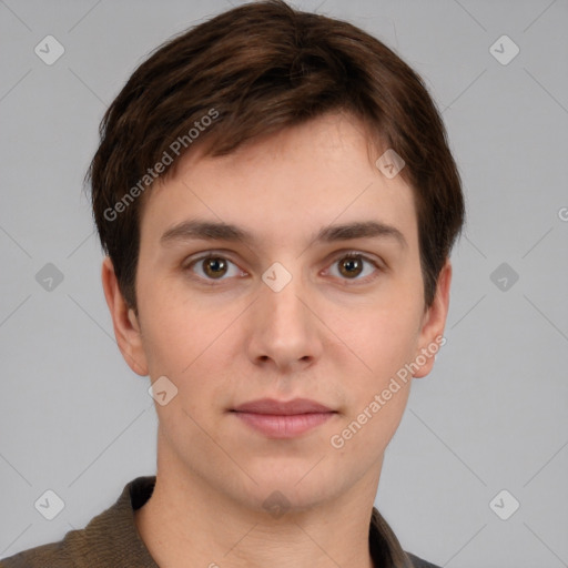 Neutral white young-adult male with short  brown hair and brown eyes