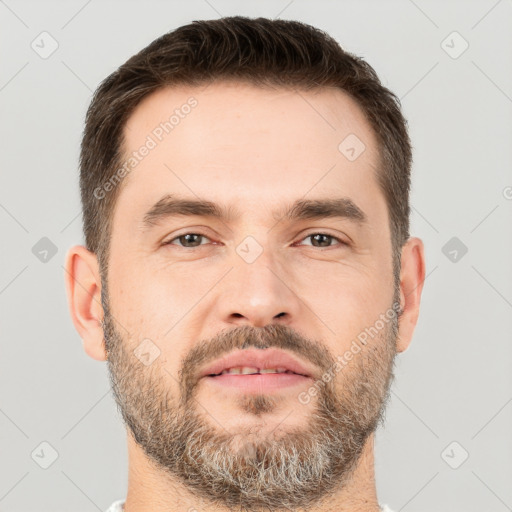 Neutral white adult male with short  brown hair and brown eyes