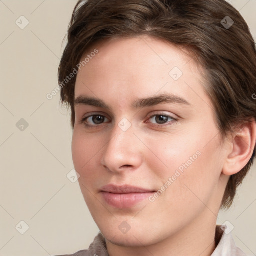 Neutral white young-adult female with medium  brown hair and brown eyes