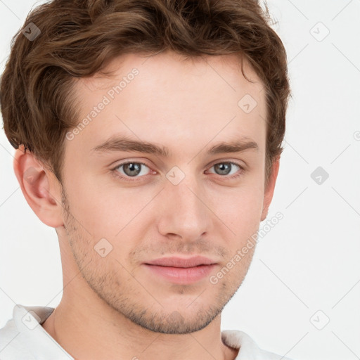 Neutral white young-adult male with short  brown hair and grey eyes