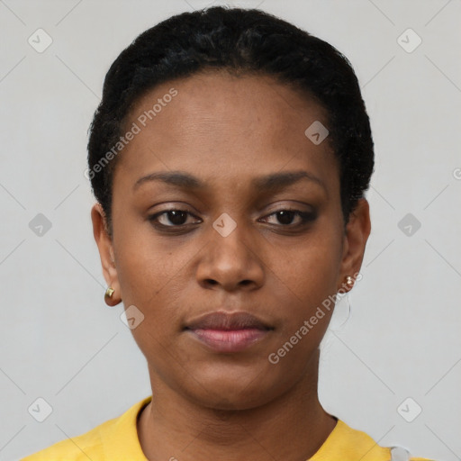 Neutral black young-adult female with short  black hair and brown eyes