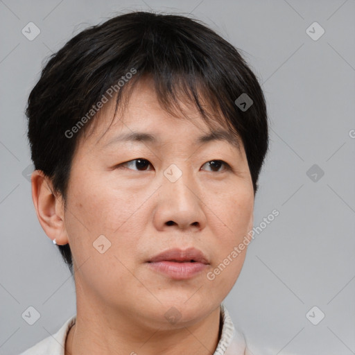 Neutral asian adult female with short  brown hair and brown eyes