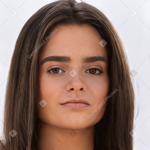 Neutral white young-adult female with long  brown hair and brown eyes