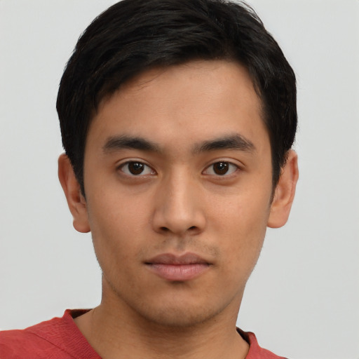 Neutral asian young-adult male with short  black hair and brown eyes