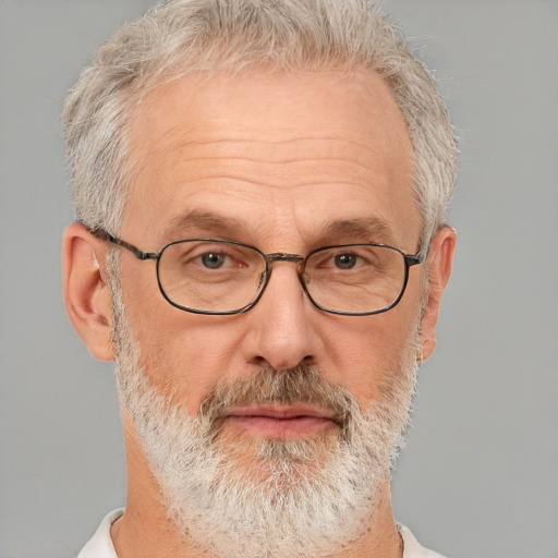 Neutral white middle-aged male with short  gray hair and grey eyes