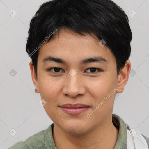 Joyful asian young-adult female with short  brown hair and brown eyes