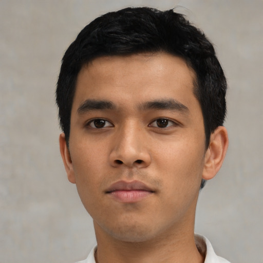 Neutral asian young-adult male with short  black hair and brown eyes