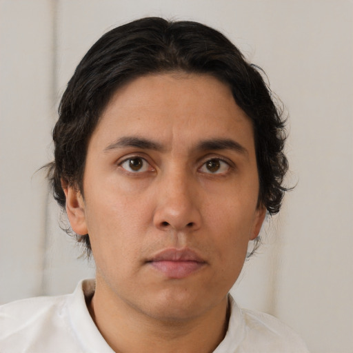 Neutral asian young-adult male with short  brown hair and brown eyes