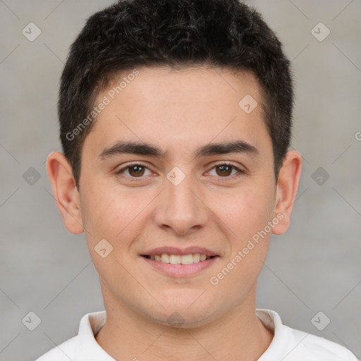 Joyful white young-adult male with short  brown hair and brown eyes