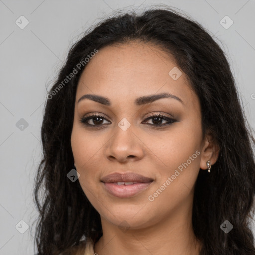 Joyful latino young-adult female with long  brown hair and brown eyes