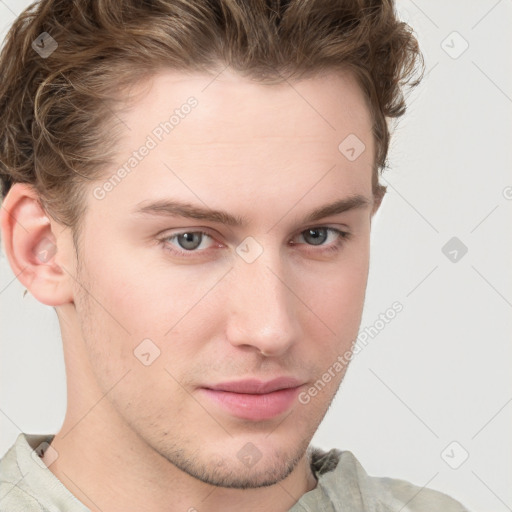 Neutral white young-adult male with short  brown hair and grey eyes