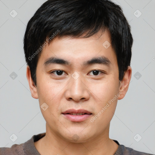 Neutral asian young-adult male with short  black hair and brown eyes