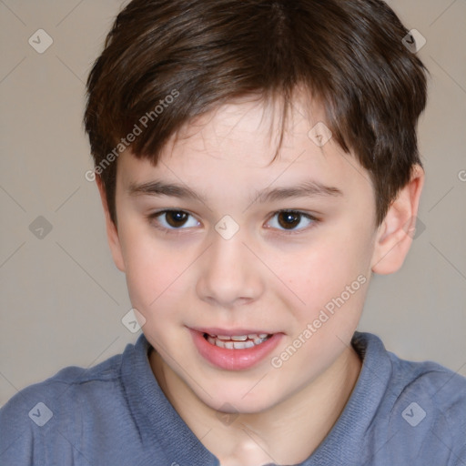 Joyful white child male with short  brown hair and brown eyes