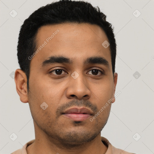 Neutral latino young-adult male with short  black hair and brown eyes