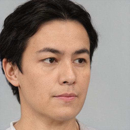 Neutral asian young-adult male with short  brown hair and brown eyes