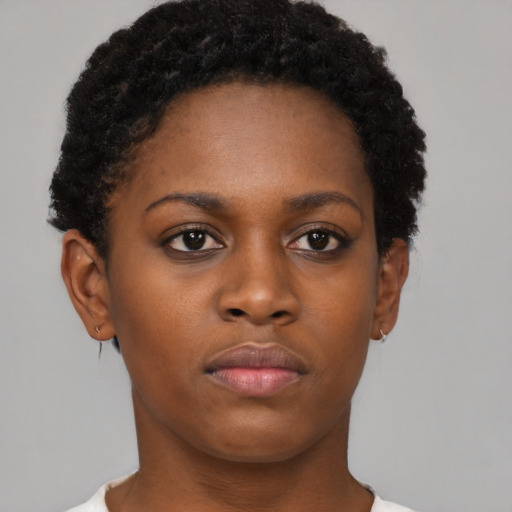 Neutral black young-adult female with short  brown hair and brown eyes