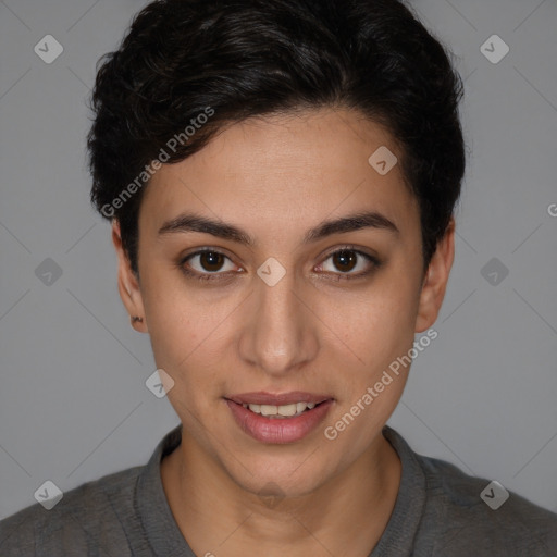 Joyful white young-adult female with short  brown hair and brown eyes