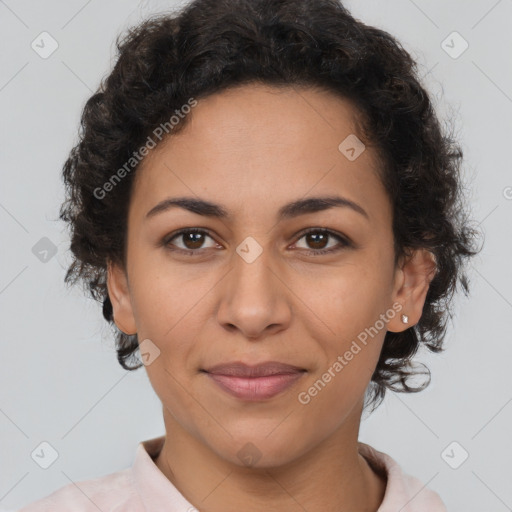 Joyful latino young-adult female with short  brown hair and brown eyes