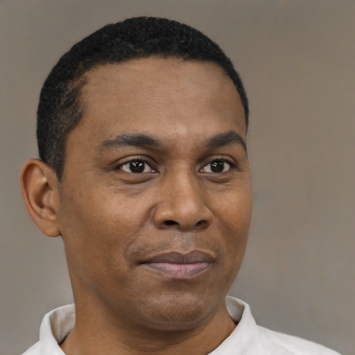 Neutral black young-adult male with short  black hair and brown eyes