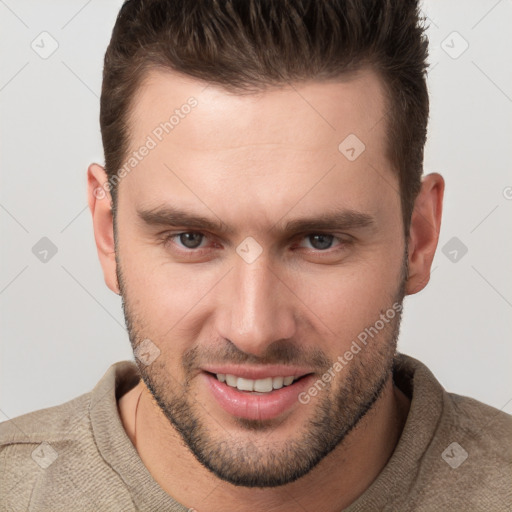 Joyful white young-adult male with short  brown hair and brown eyes